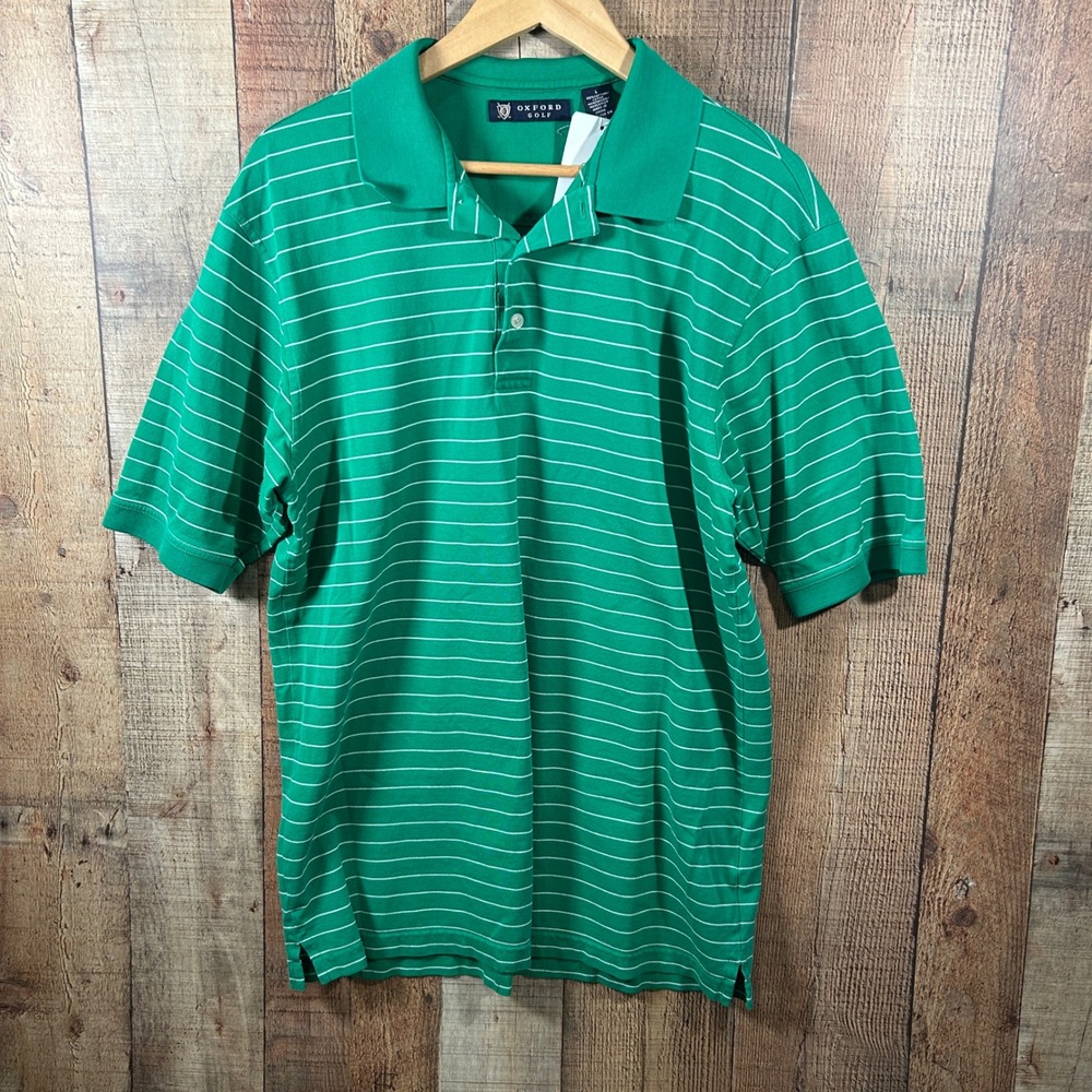Oxford Golf Green Striped Polo Shirt Mens Large 100% Cotton Mercerized Preppy